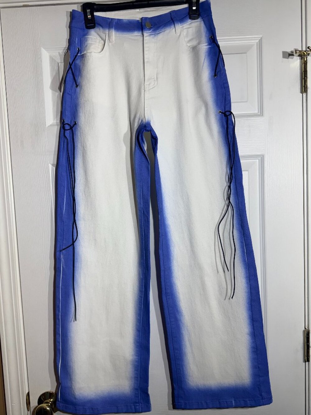 MUSERA Womens M Blue White Ombre Side Lace Up Wide Leg Jeans NWT